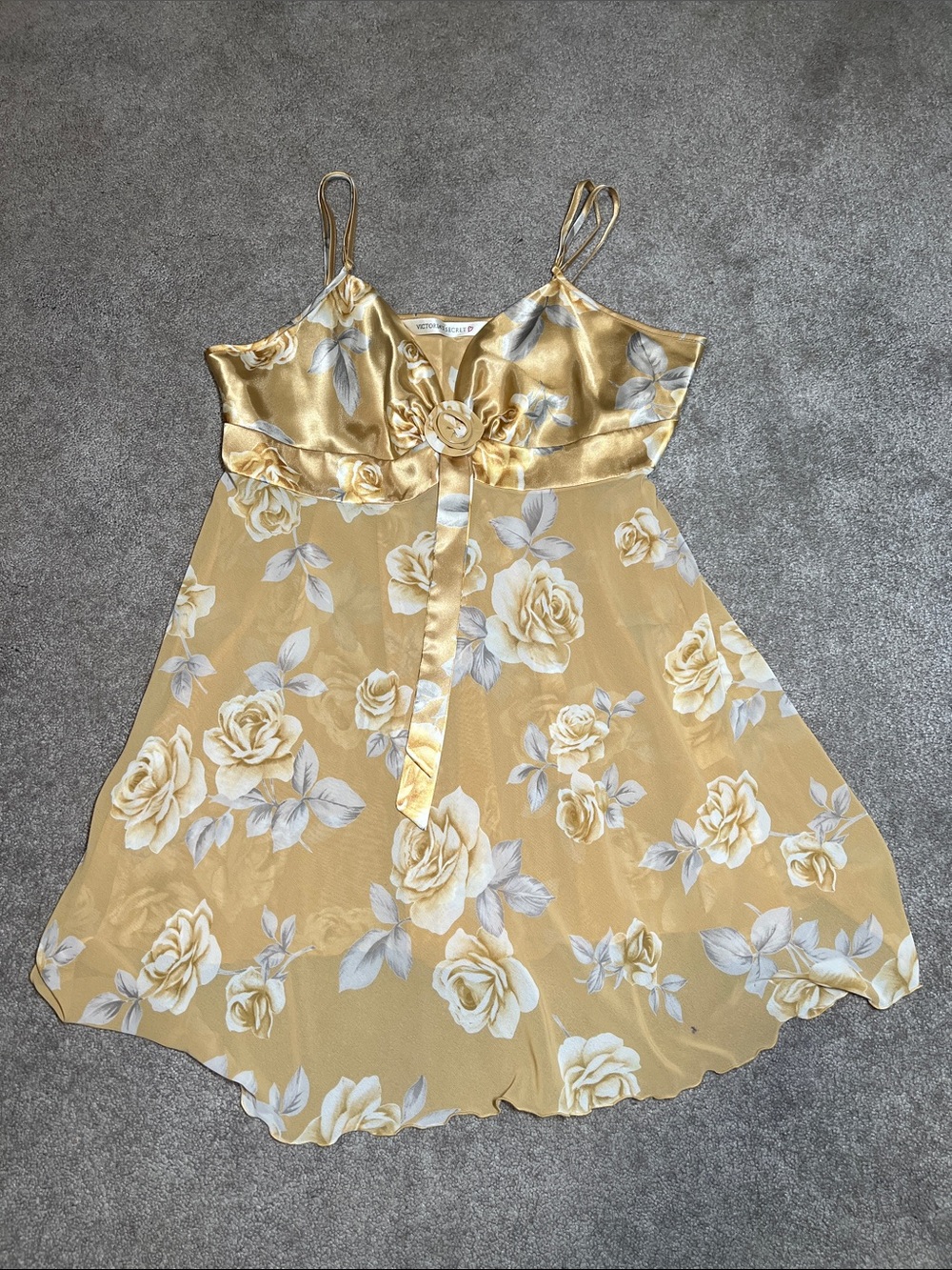 Vintage Victoria's Secret Floral Satin Slip Lingerie Night Gown Gold Grey large